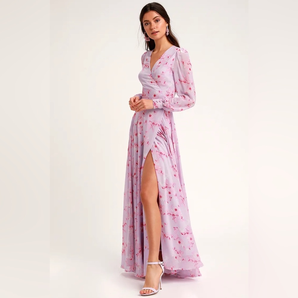 Lulus XS My Whole Heart Lavender Floral Print Maxi Wrap Dress